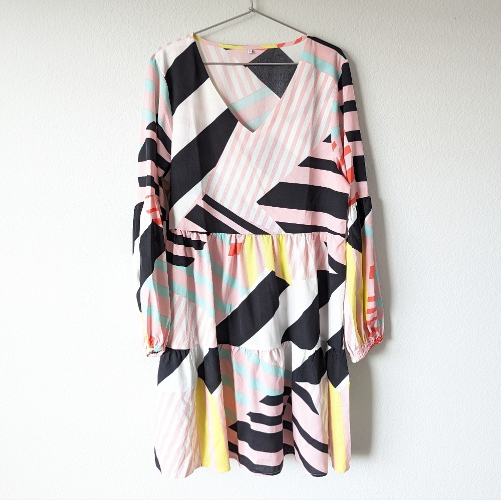 Fun Colorful Retro Colorblock Long Sleeve Ruffled Mini Dress - Picture 2 of 4